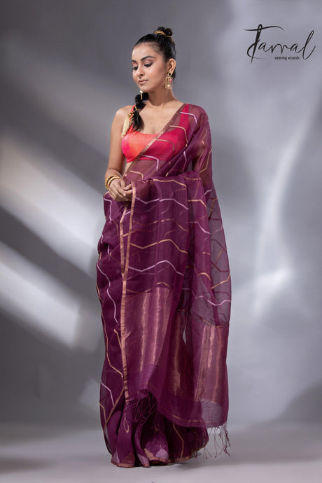 Strawberry mist half silk half linen handwoven jamdani saree - Tamal Boutique