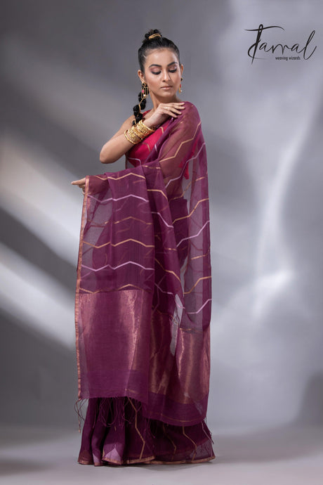 Strawberry mist half silk half linen handwoven jamdani saree - Tamal Boutique