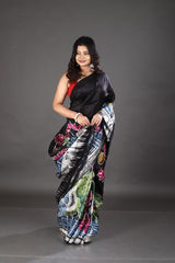 Swan & lotus handcrafted black & multicolour batik silk saree - Tamal Boutique