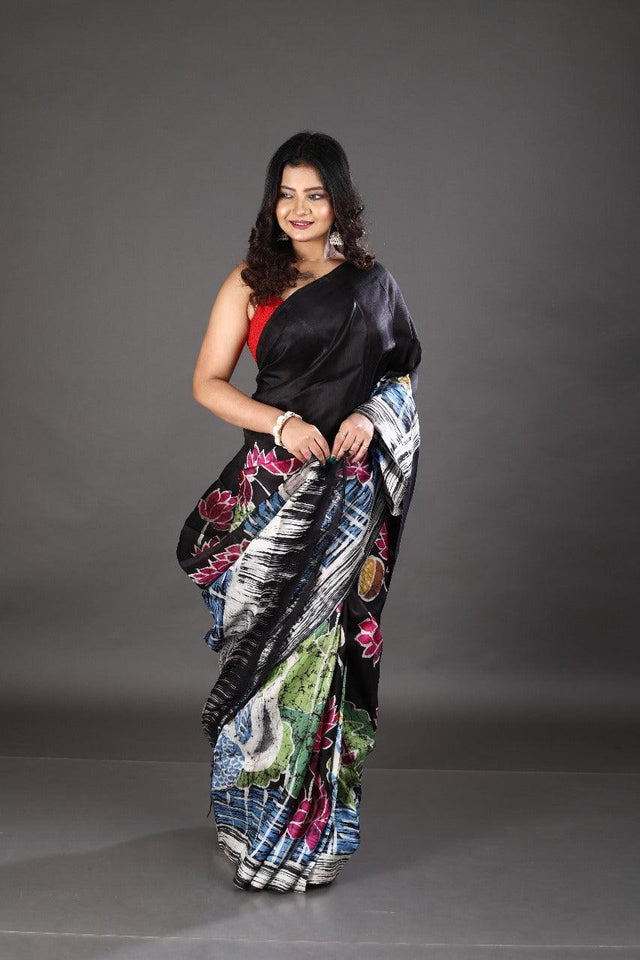 Swan & lotus handcrafted black & multicolour batik silk saree - Tamal Boutique