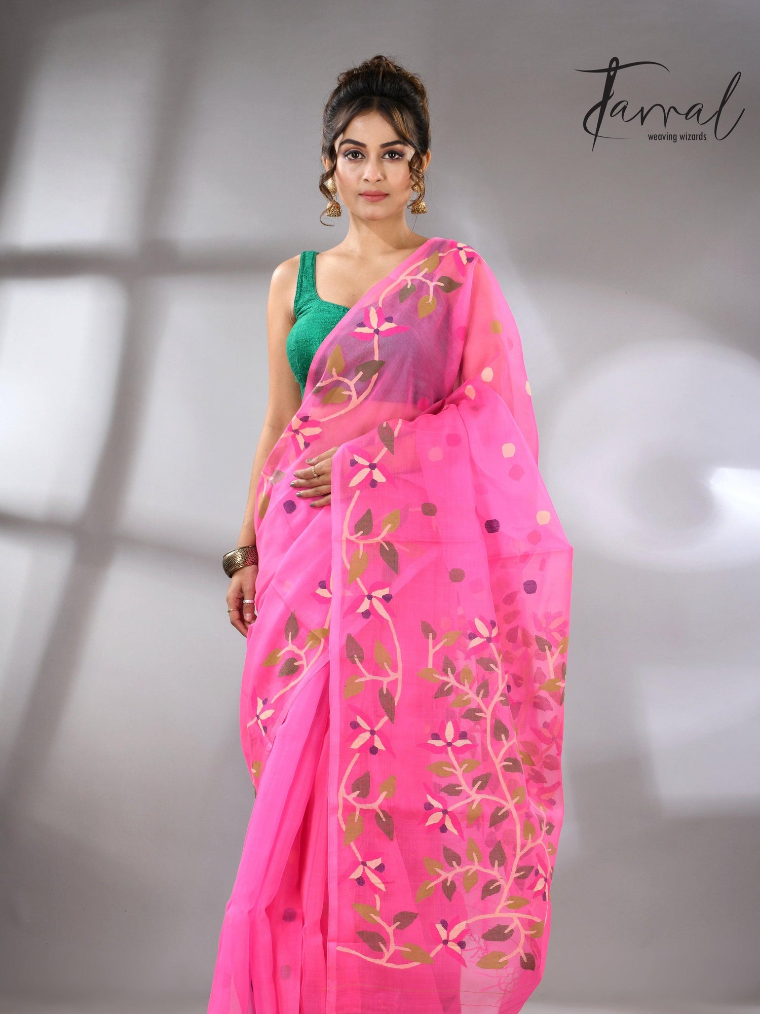 Sweet Pink Muslin Silk Jamdani Handwoven with floral border