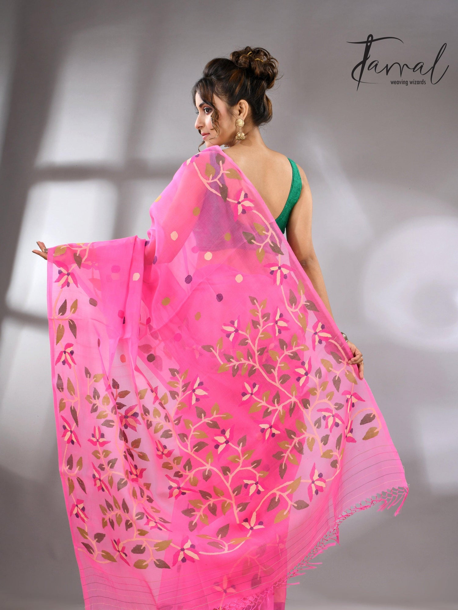 Sweet Pink Muslin Silk Jamdani Handwoven with floral border back