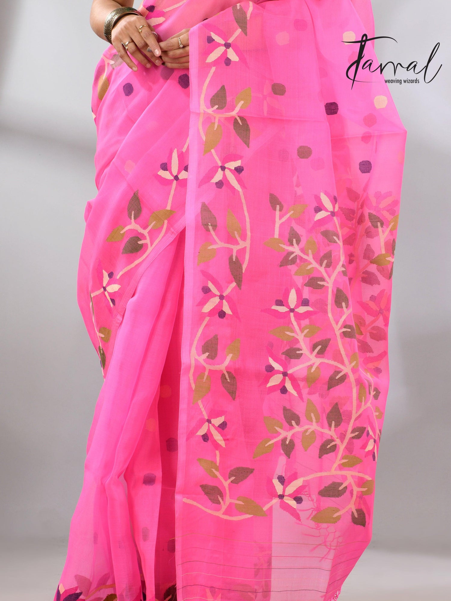 Sweet Pink Muslin Silk Jamdani Handwoven with floral border bottom