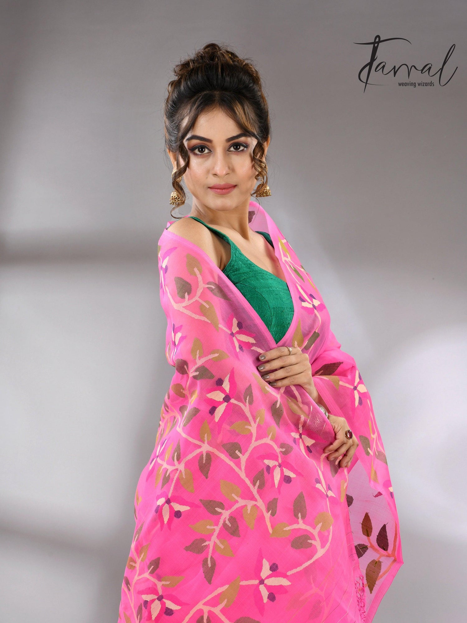 Sweet Pink Muslin Silk Jamdani Handwoven with floral border cls