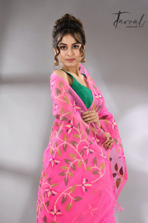 Sweet Pink Muslin Silk Jamdani Handwoven with floral border cls