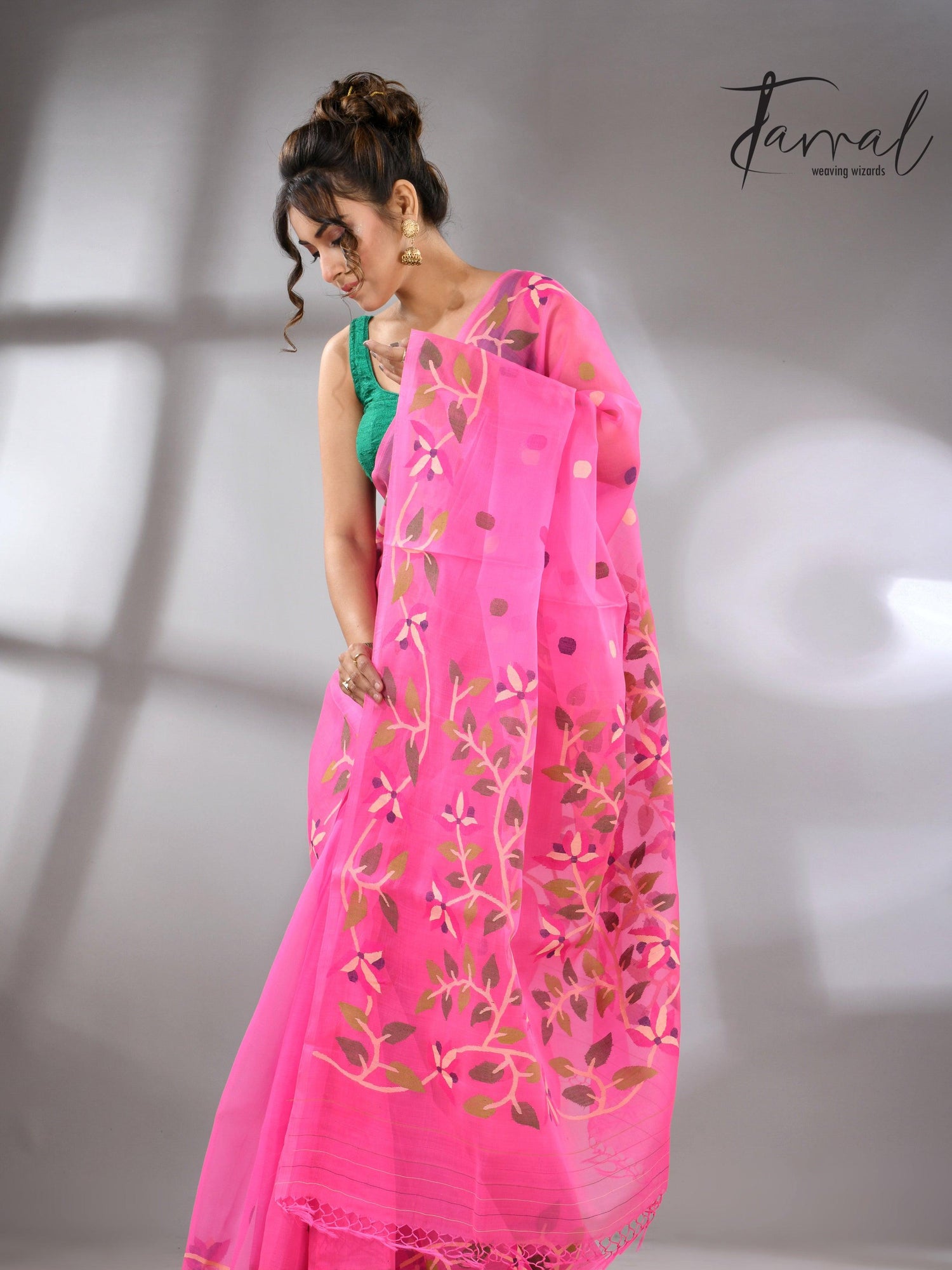 Sweet Pink Muslin Silk Jamdani Handwoven with floral border full