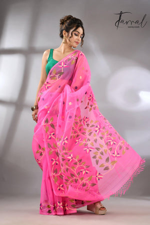 Sweet Pink Muslin Silk Jamdani Handwoven with floral border full2