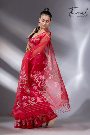 Sweet red floral border handwoven muslin silk jamdani saree lft