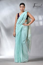 Teal blue with golden zari stripe pallu linen handloom saree