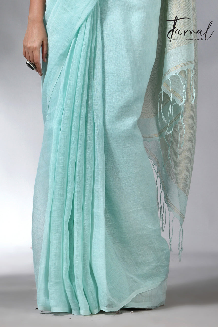 Teal blue with golden zari stripe pallu linen handloom saree