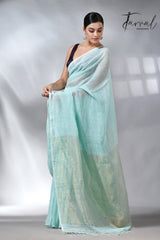 Teal blue with golden zari stripe pallu linen handloom saree