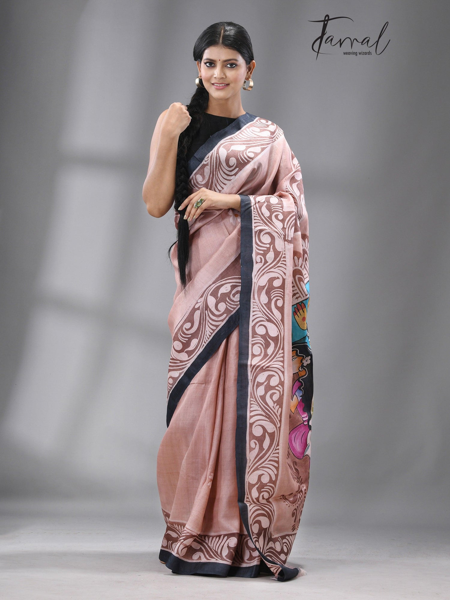Teracota with black border durga hand painted pure silk saree