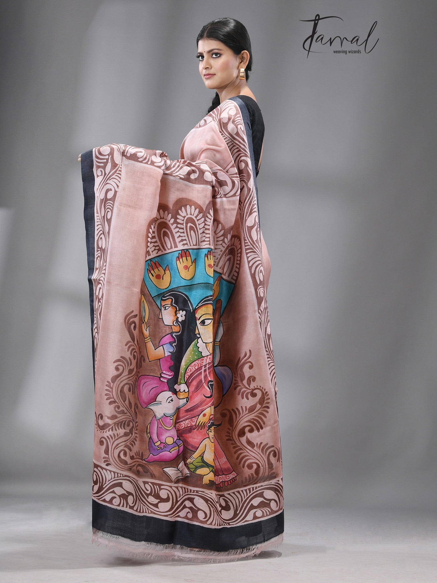 Teracota with black border durga hand painted pure silk saree