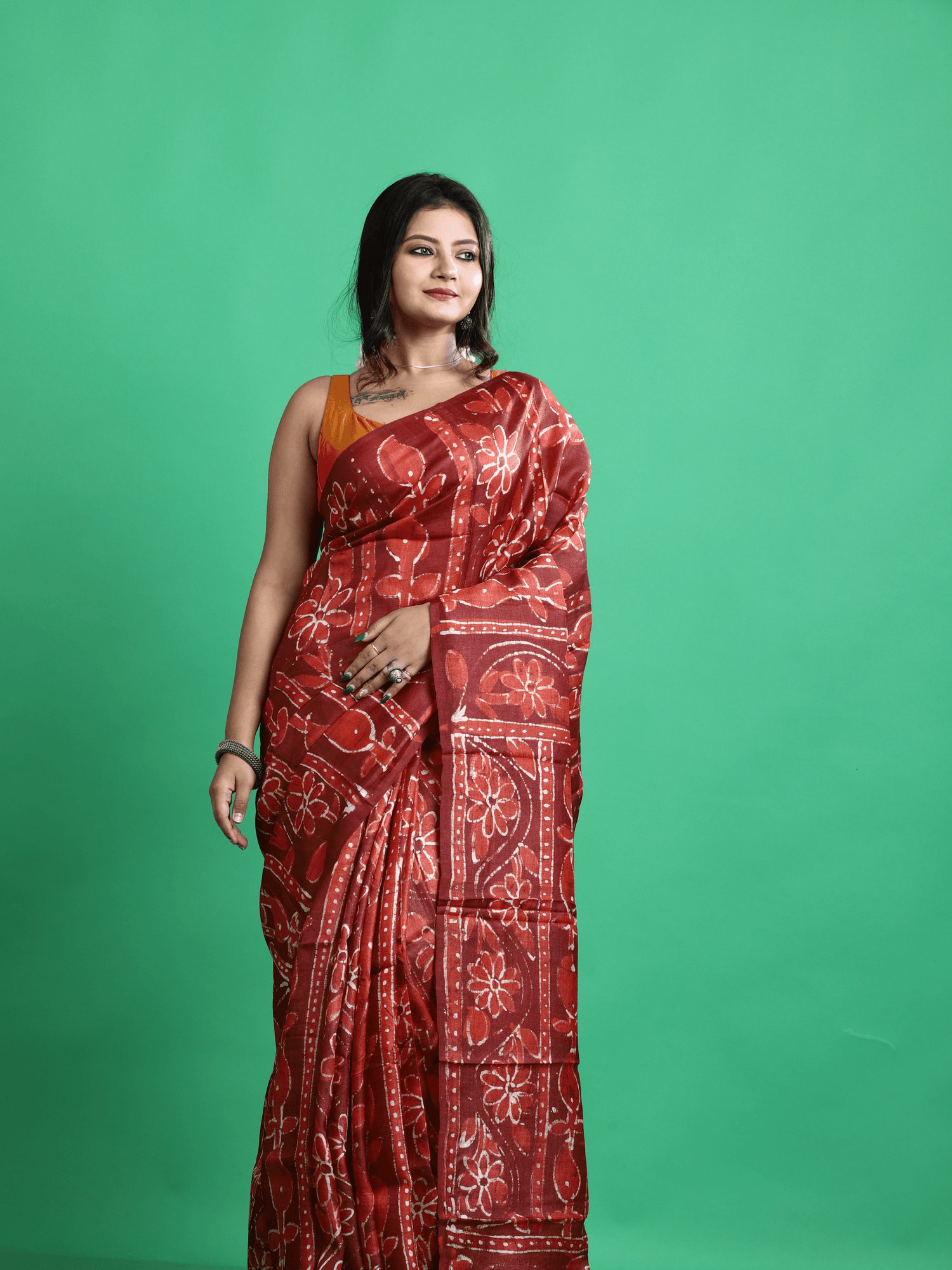 Terracotta colour hand batik tussar silk saree - Tamal Boutique