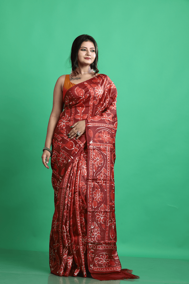 Terracotta colour hand batik tussar silk saree - Tamal Boutique