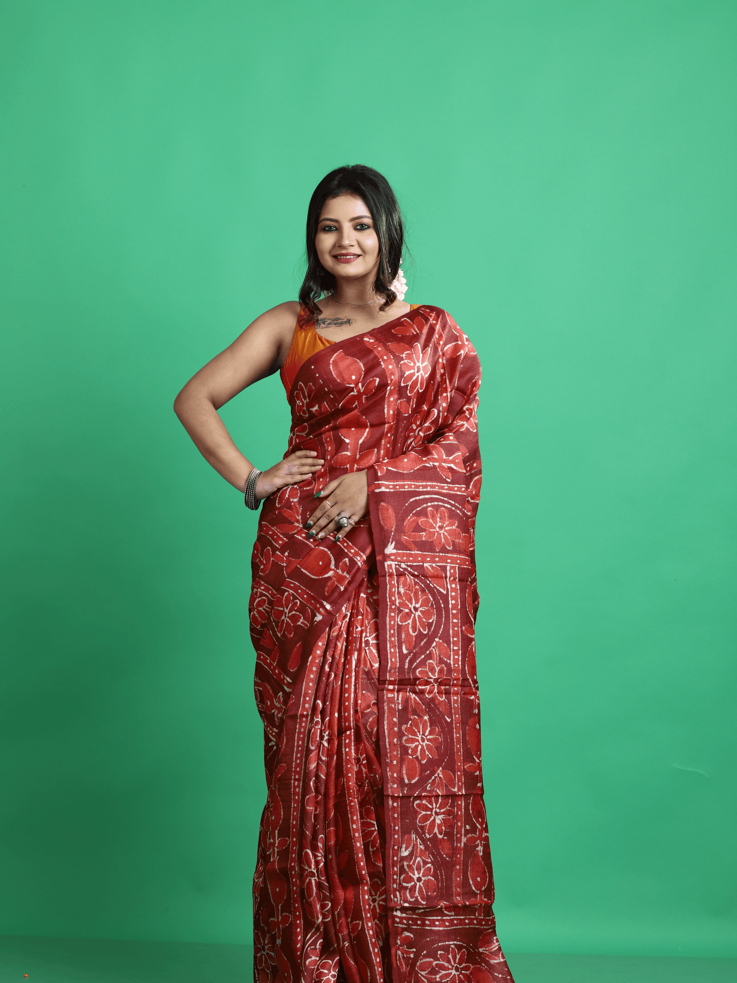 Terracotta colour hand batik tussar silk saree - Tamal Boutique