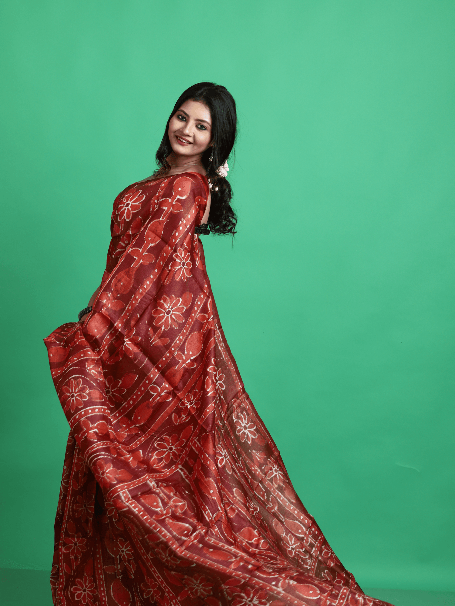 Terracotta colour hand batik tussar silk saree - Tamal Boutique