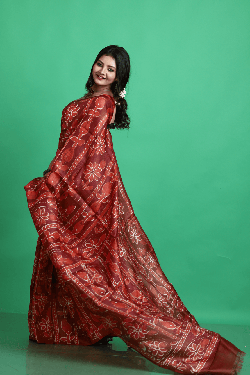 Terracotta colour hand batik tussar silk saree - Tamal Boutique
