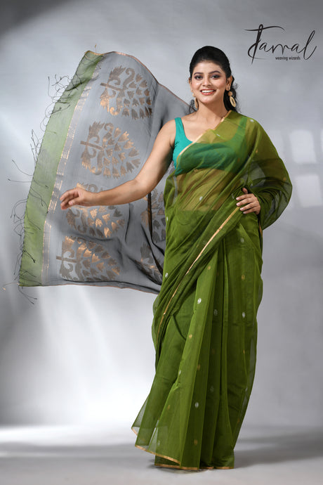 The Green silk cotton in Handwoven jamdani saree collection