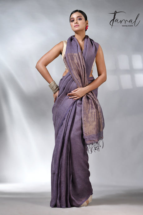 The Purplish grey handloom jamdani linen saree collections