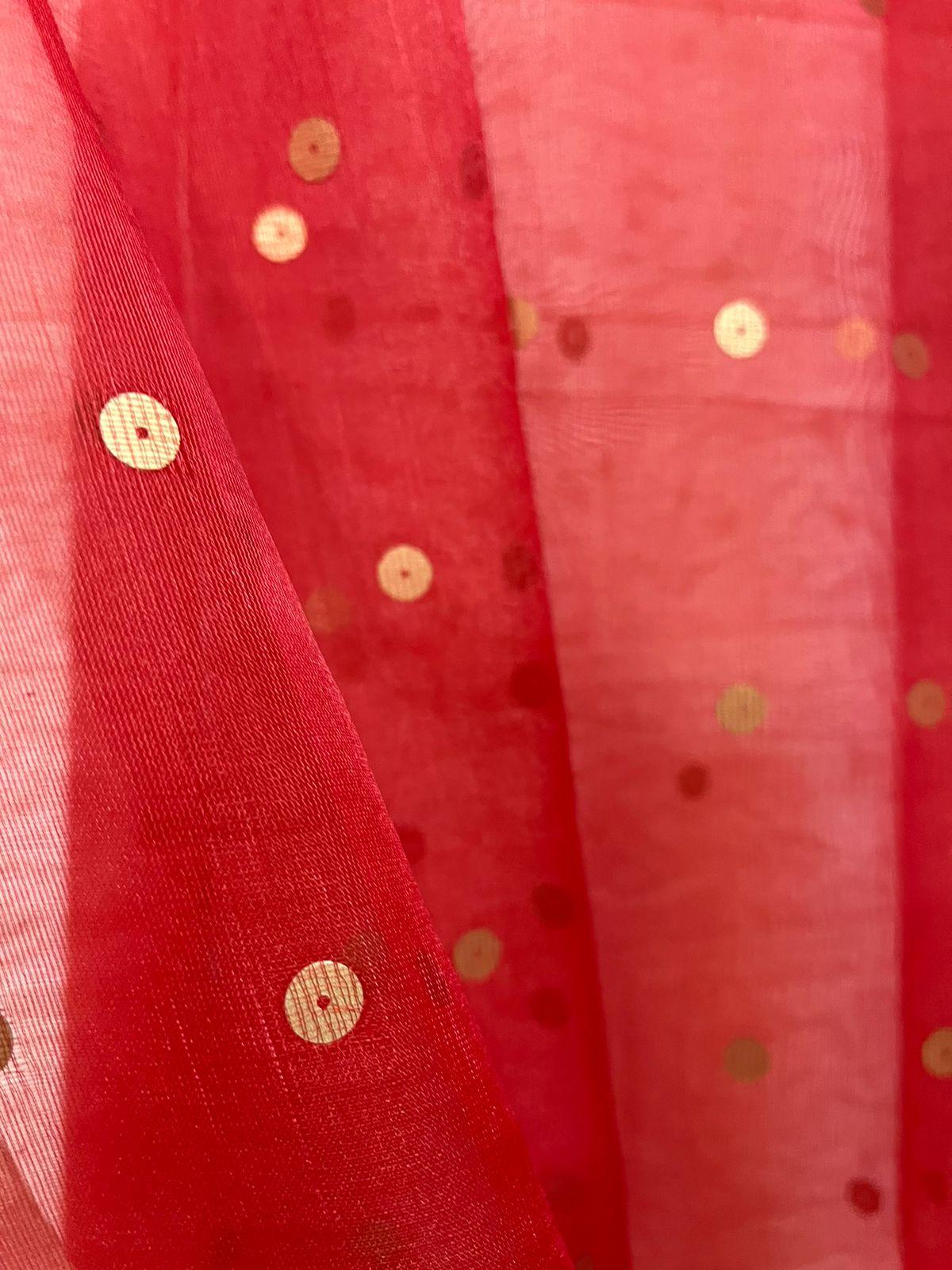 Mughal Red Peacock Motifs organza silk handwoven jamdani saree - Tamal Boutique