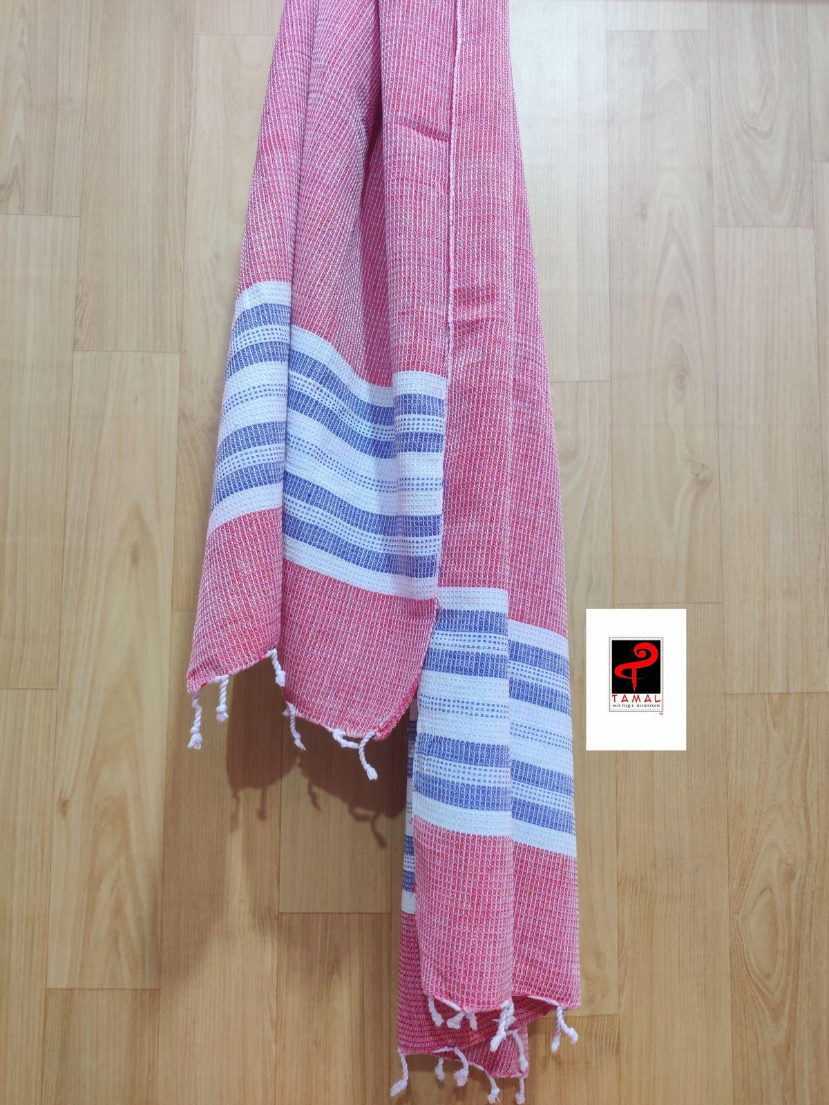 Red with white & blue handcrafted towel (Single) - Tamal Boutique