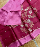 Strawberry silk linen handwoven jamdani saree - Tamal Boutique