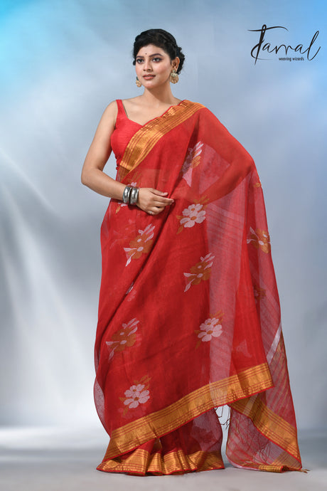 The beautiful Tomato red colour linen jamdhani handloom saree 