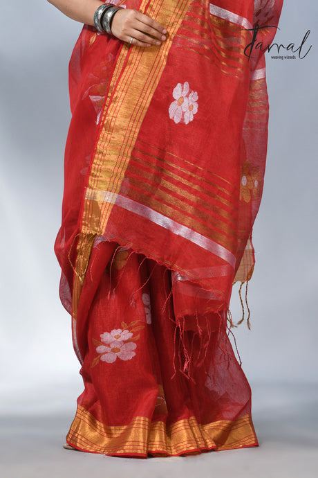 The beautiful Tomato red colour linen jamdhani handloom saree 