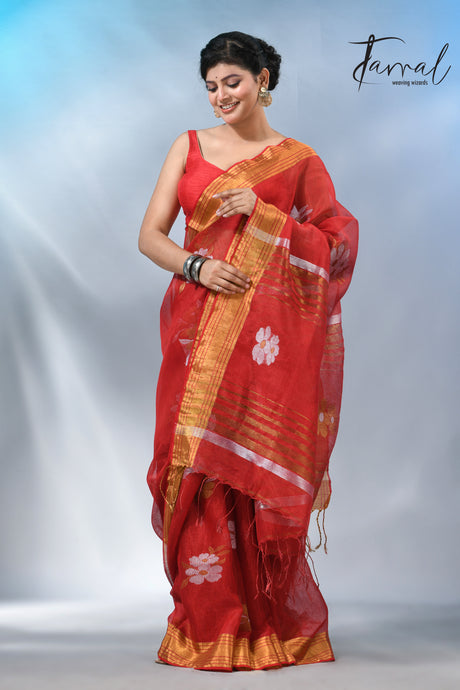 The beautiful Tomato red colour linen jamdhani handloom saree 