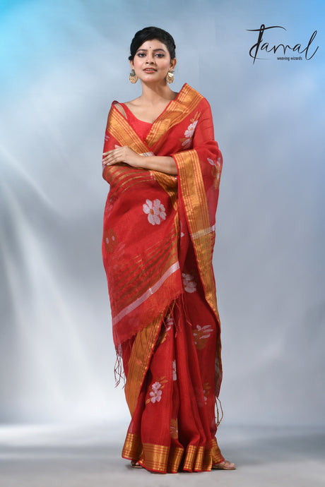 The beautiful Tomato red colour linen jamdhani handloom saree 