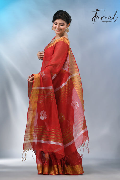 The beautiful Tomato red colour linen jamdhani handloom saree 