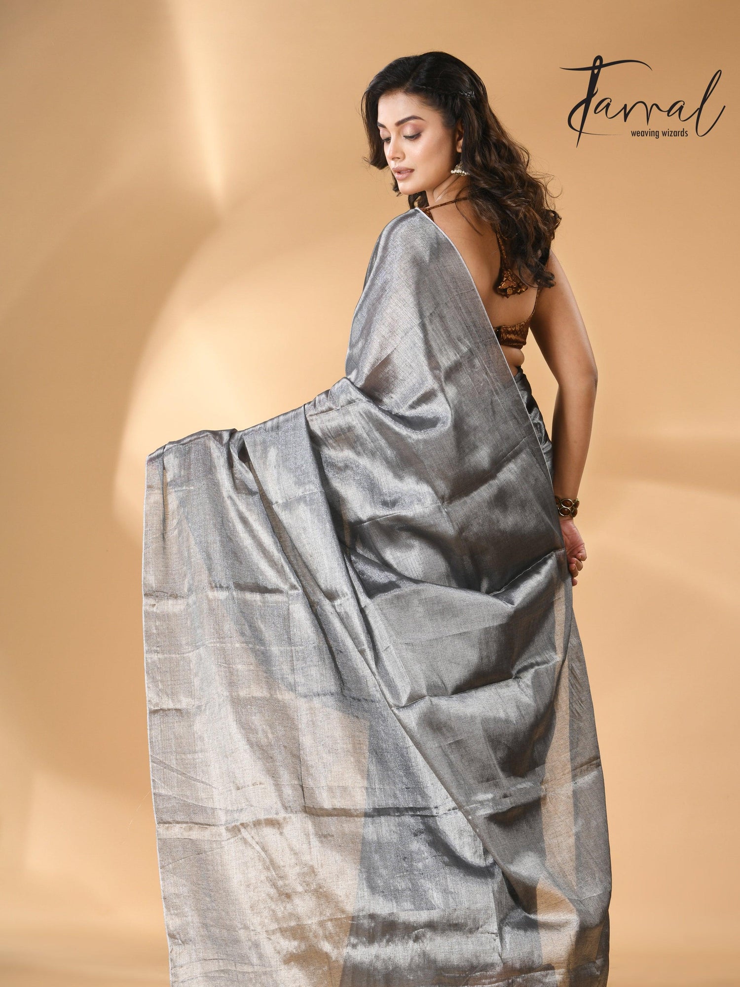 Dark still grey tissue handloom saree - Tamal Boutique
