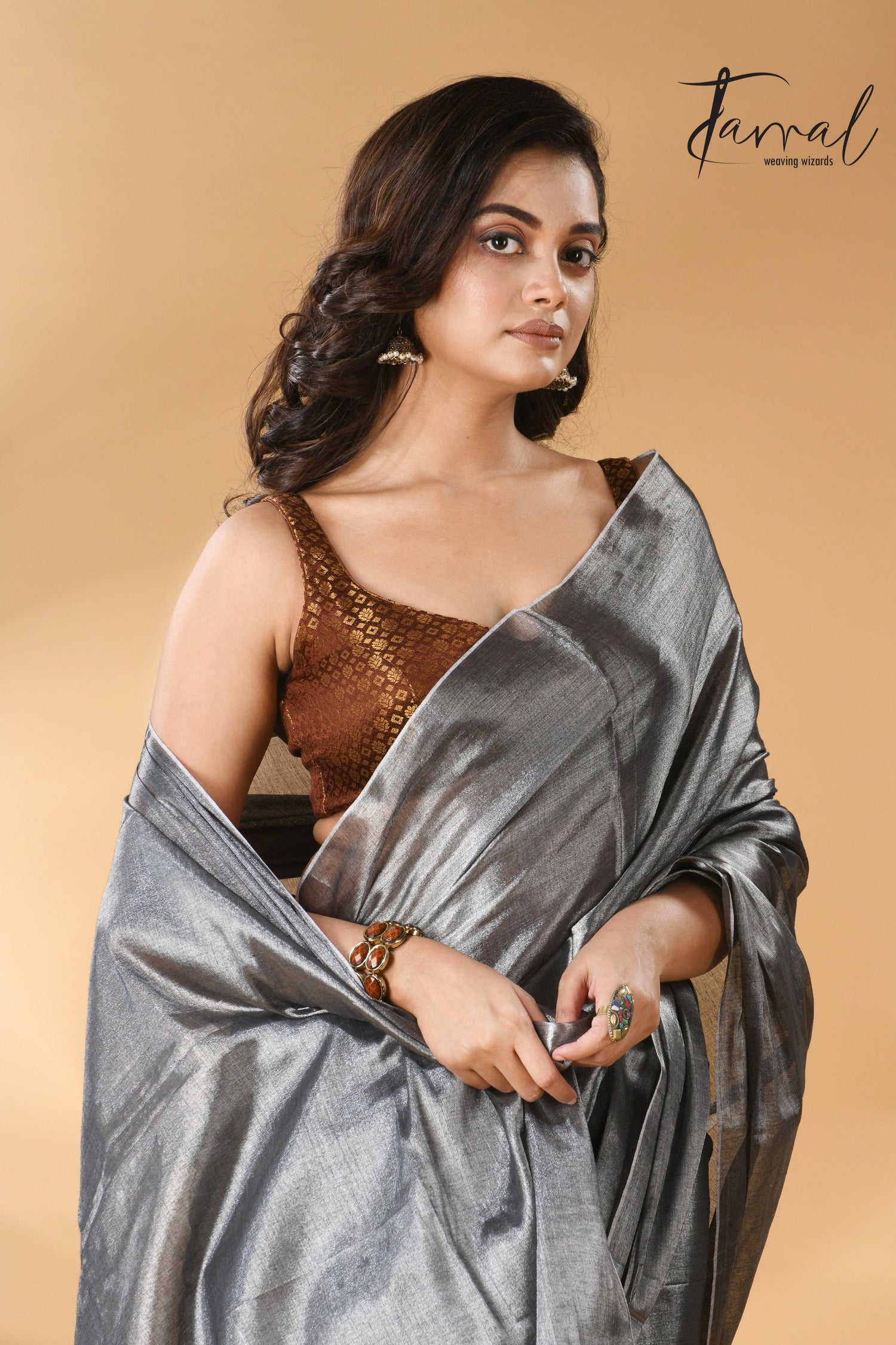 Dark still grey tissue handloom saree - Tamal Boutique
