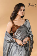 Dark still grey tissue handloom saree - Tamal Boutique