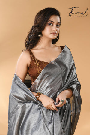Dark still grey tissue handloom saree - Tamal Boutique