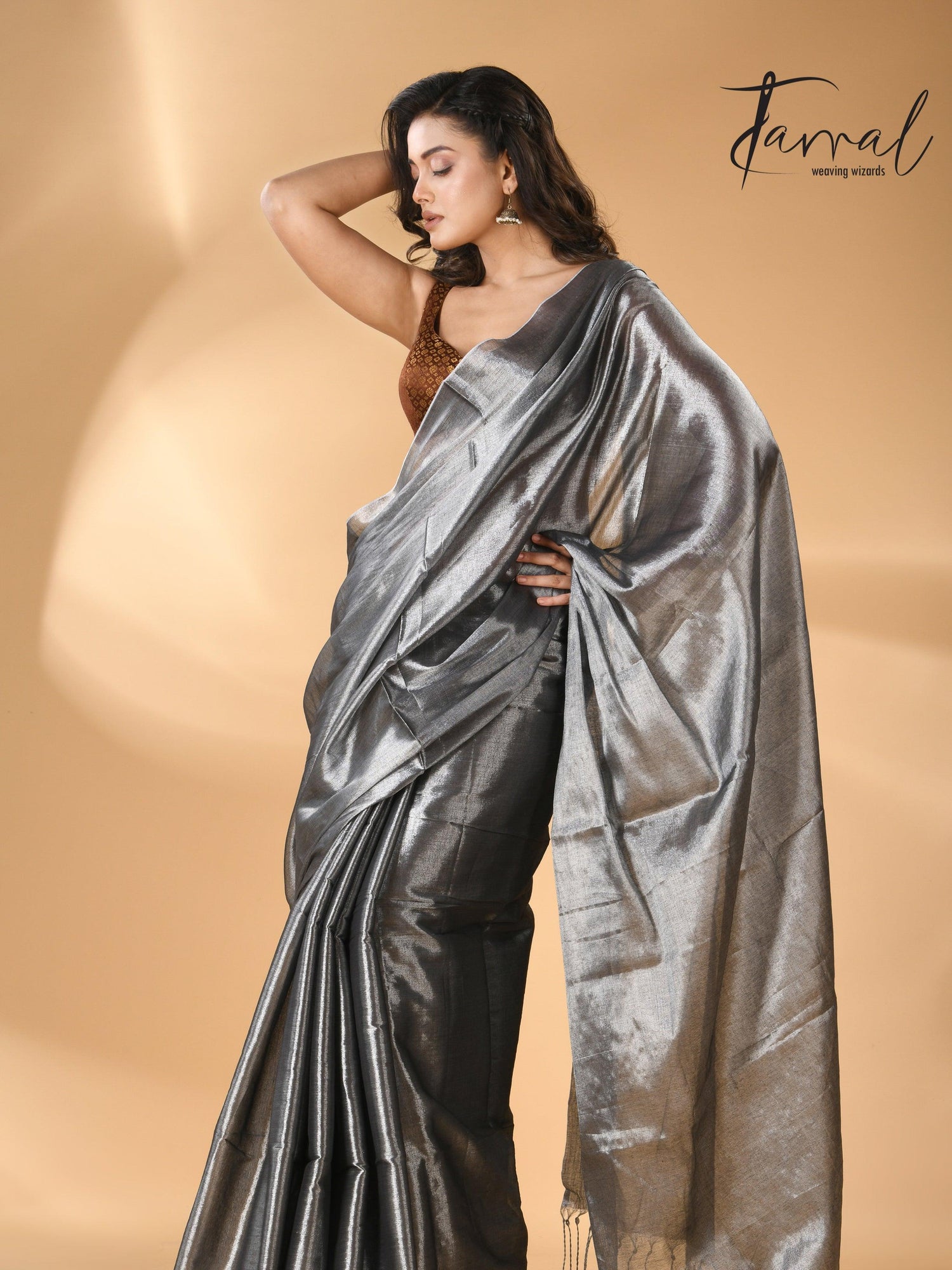 Dark still grey tissue handloom saree - Tamal Boutique