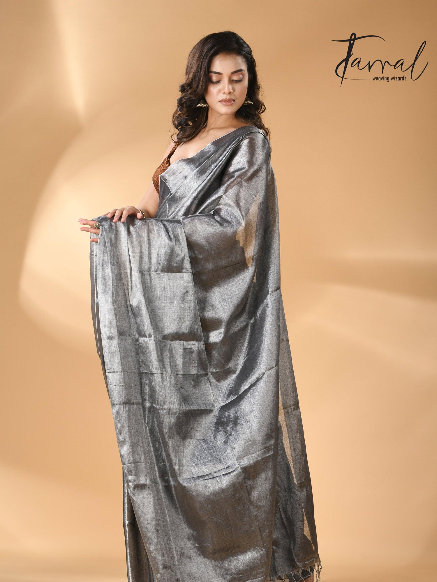 Dark still grey tissue handloom saree - Tamal Boutique