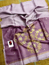 Lavender colour silk linen handwoven jamdani saree - Tamal Boutique