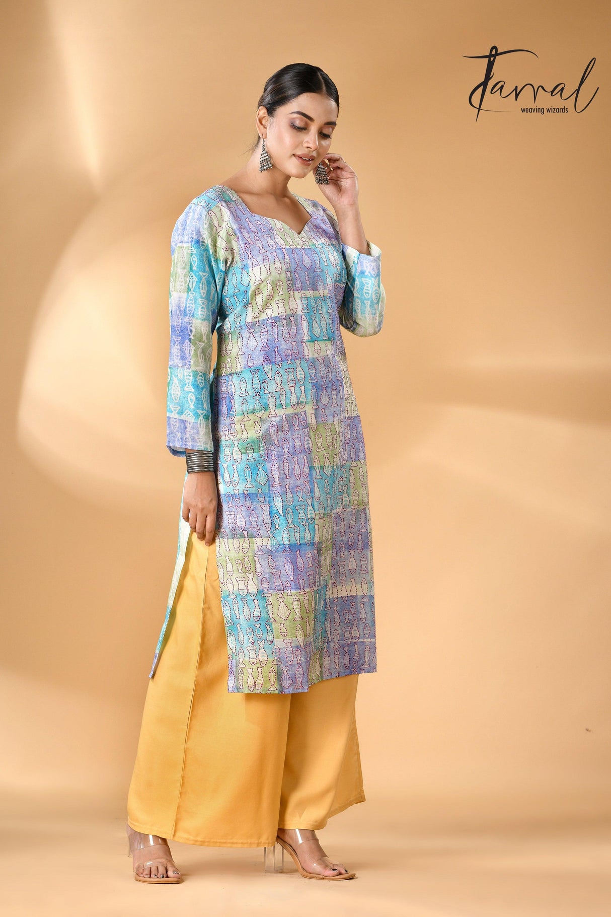 Tricolour Beautifully Handwoven Batik with Kantha pure silk kurti full