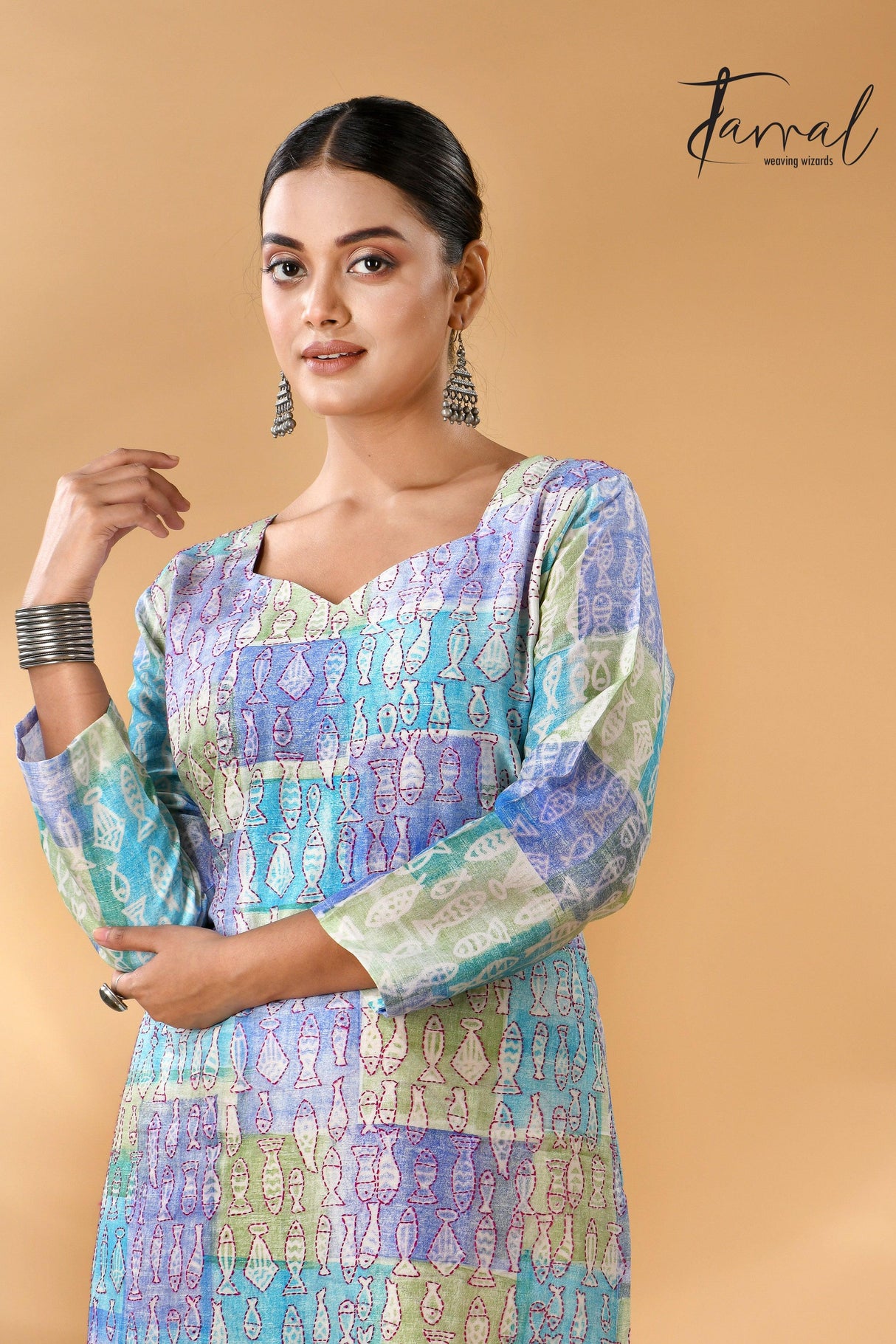 Tricolour Beautifully Handwoven Batik with Kantha pure silk kurti left
