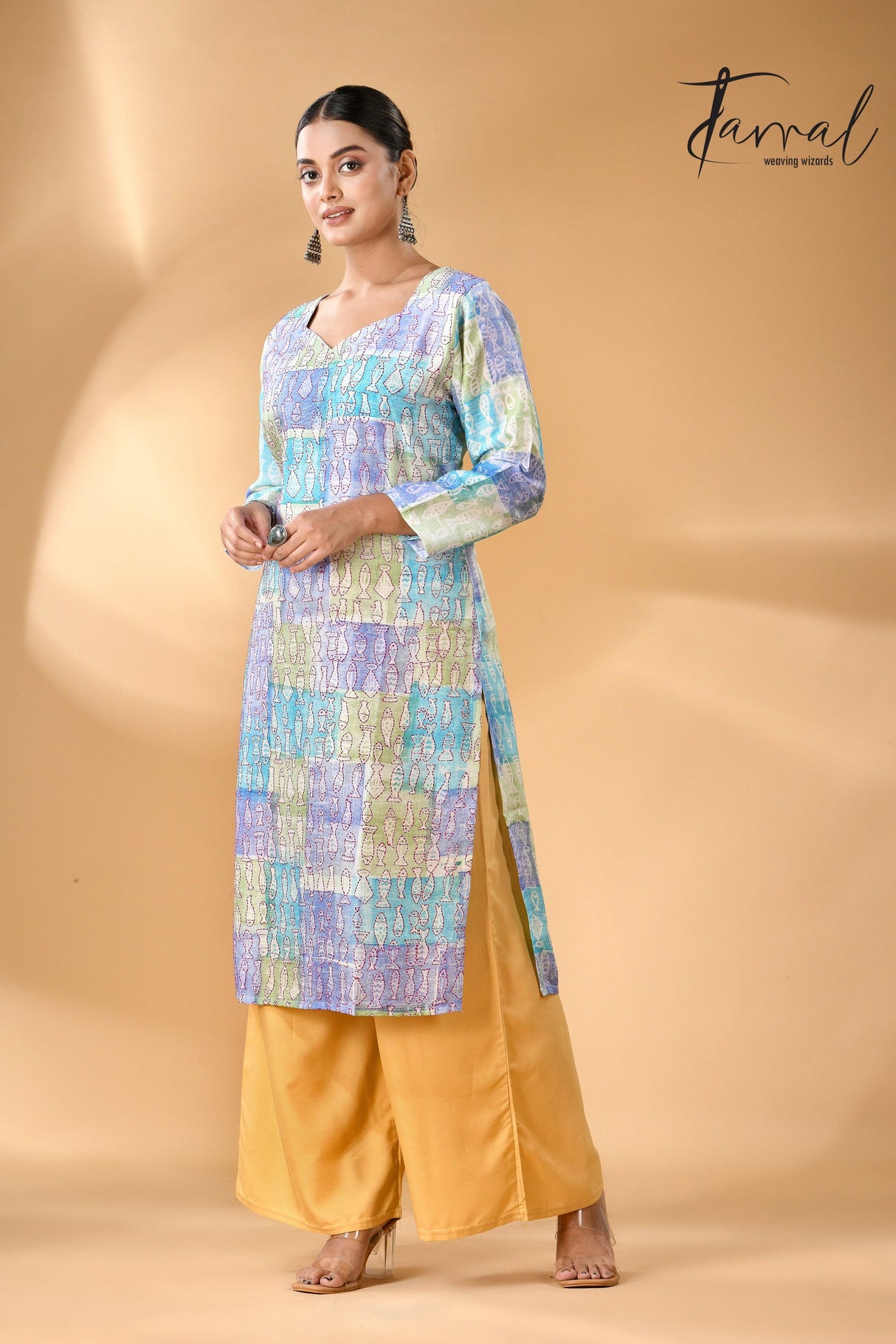 Tricolour Beautifully Handwoven Batik with Kantha pure silk kurti left2