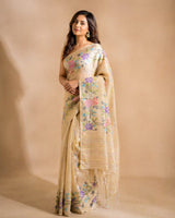 Tussar Handloom Needle Work Jamdani Saree – Light Peach with Floral Design
