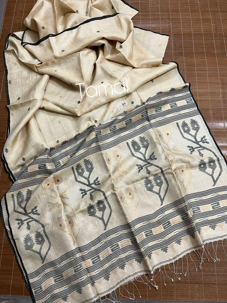 Tusser silk traditional handwoven jamdani saree with black silky border - Tamal Boutique