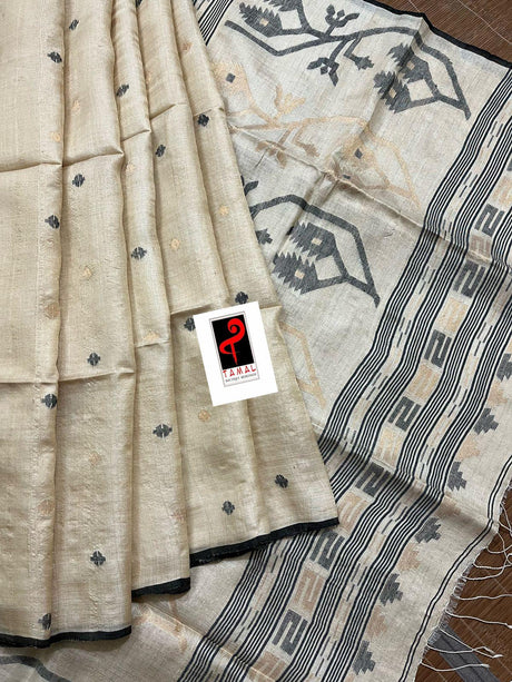 Tusser silk traditional handwoven jamdani saree with black silky border - Tamal Boutique