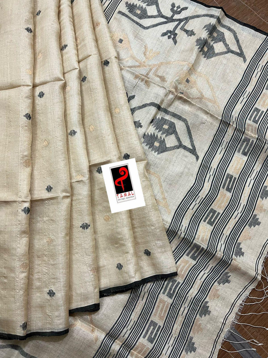 Tusser silk traditional handwoven jamdani saree with black silky border - Tamal Boutique