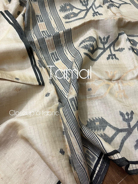 Tusser silk traditional handwoven jamdani saree with black silky border - Tamal Boutique