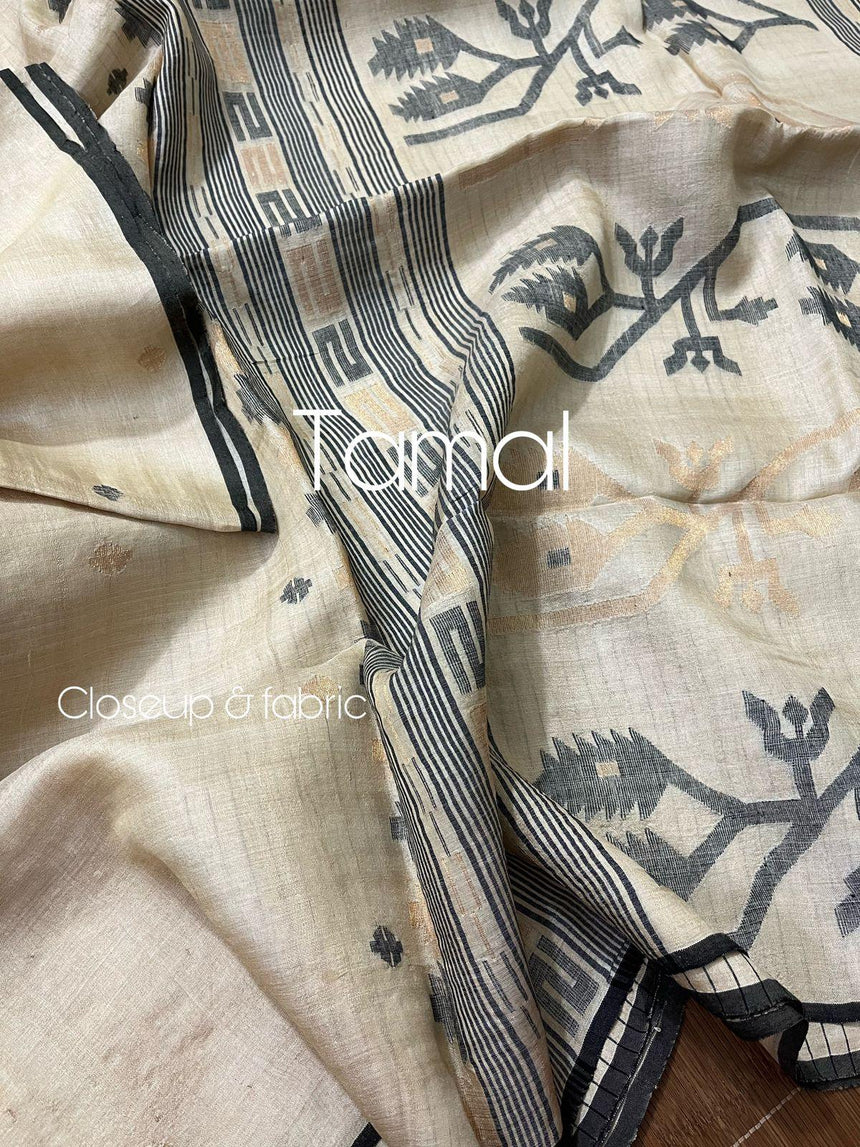 Tusser silk traditional handwoven jamdani saree with black silky border - Tamal Boutique