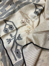 Tusser silk traditional handwoven jamdani saree with black silky border - Tamal Boutique