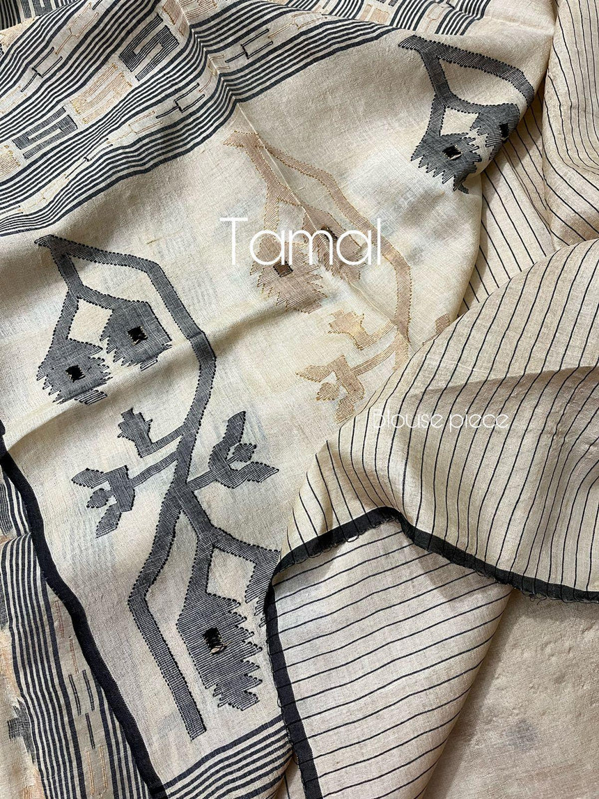 Tusser silk traditional handwoven jamdani saree with black silky border - Tamal Boutique